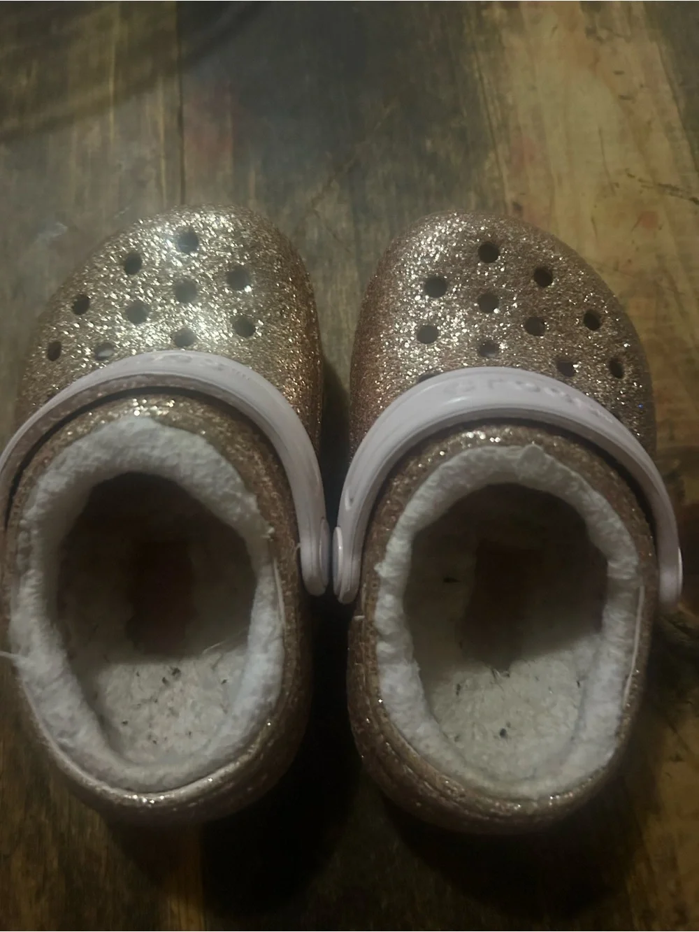Crocs Shoes Kids Size C 6 Gold Glitter Classic Pink Faux Fur Lined Clog Slip On